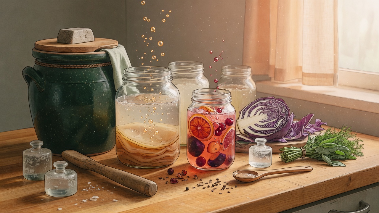 Cozy fermentation workshop with jars, crocks, and living cultures